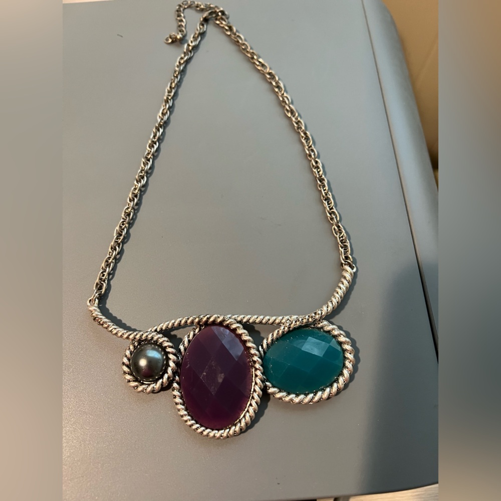 Silver Statement Necklace With Colored Stones - image 1